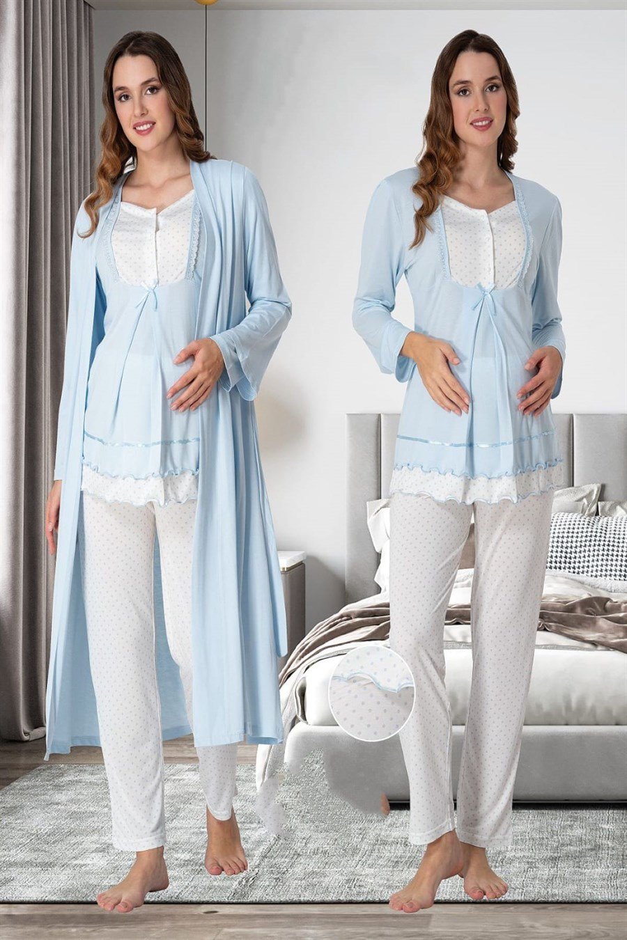 Effortt 9054 Mavi Sabahlıklı Hamile Lohusa Pijama Takımı