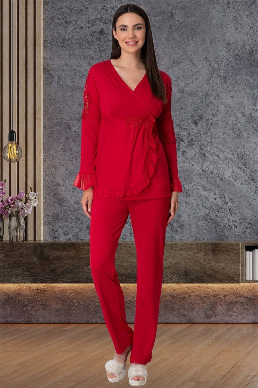 Mecit 5523 Kırmızı Dantelli Lohusa Pijama Takımı