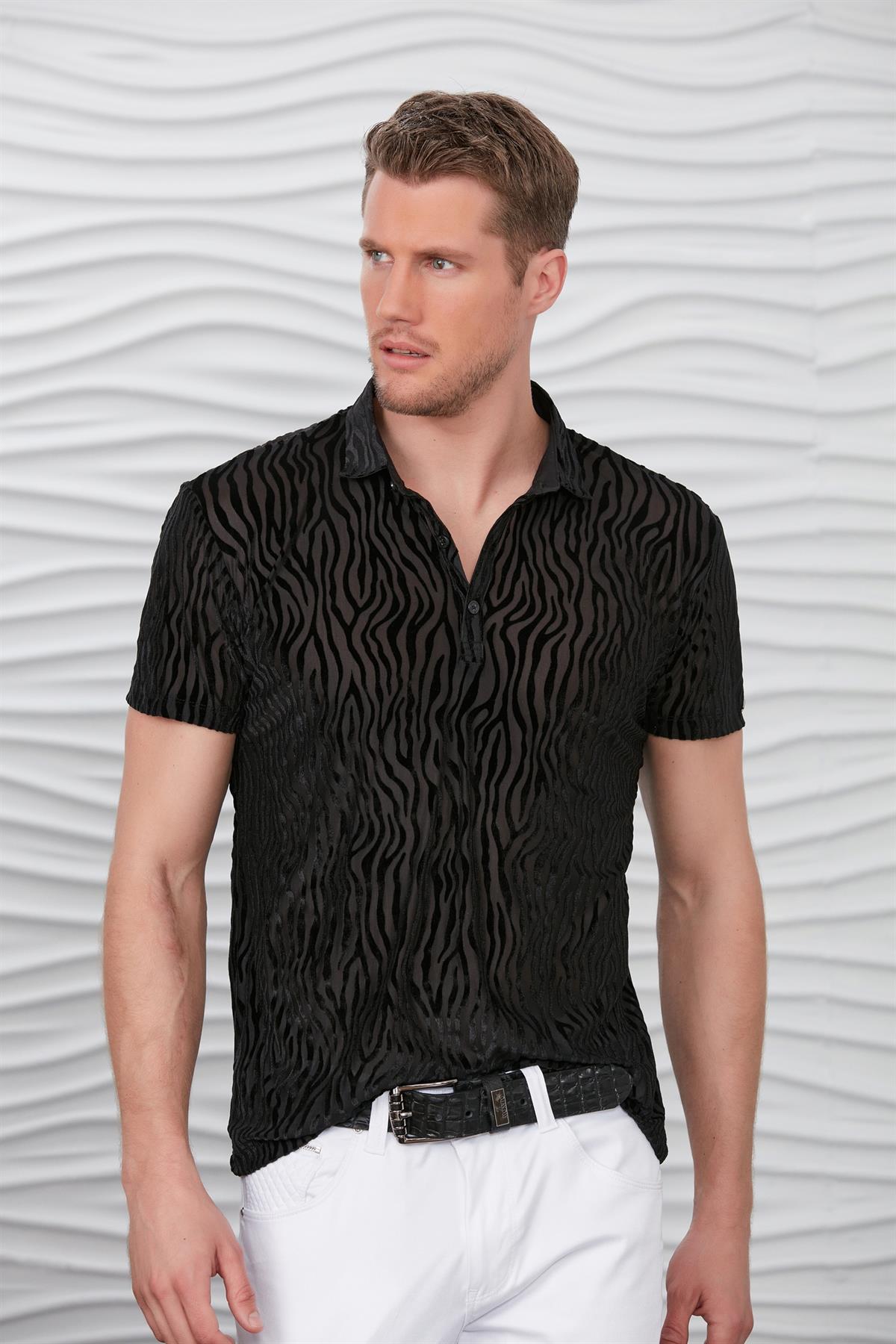Siyah Zebra Desen Transparan Kadife Polo Yaka T Shirt Mondo