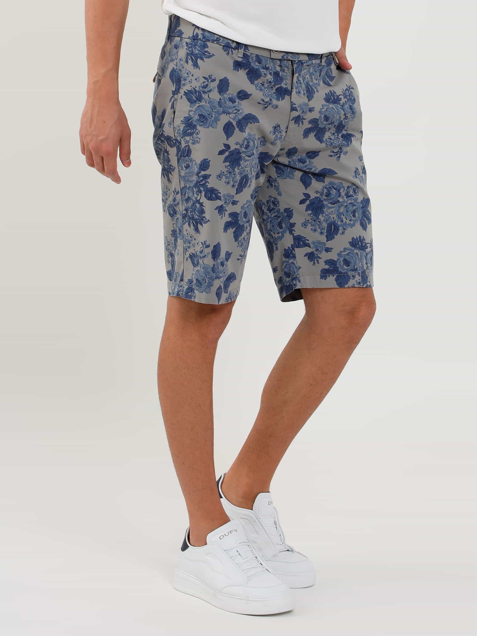 Açık Gri Erkek Slim Fit Çiçek Desenli Short | DUFY