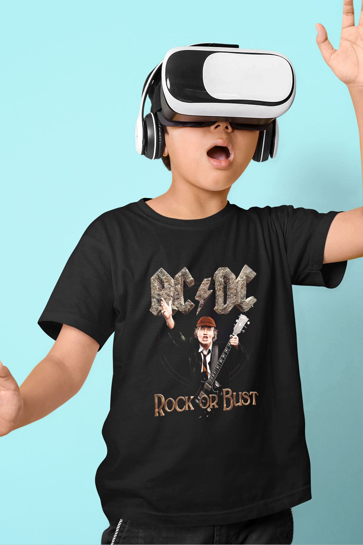 AC DC Rock Or Bust Baskılı Siyah Unisex Çocuk Tişört