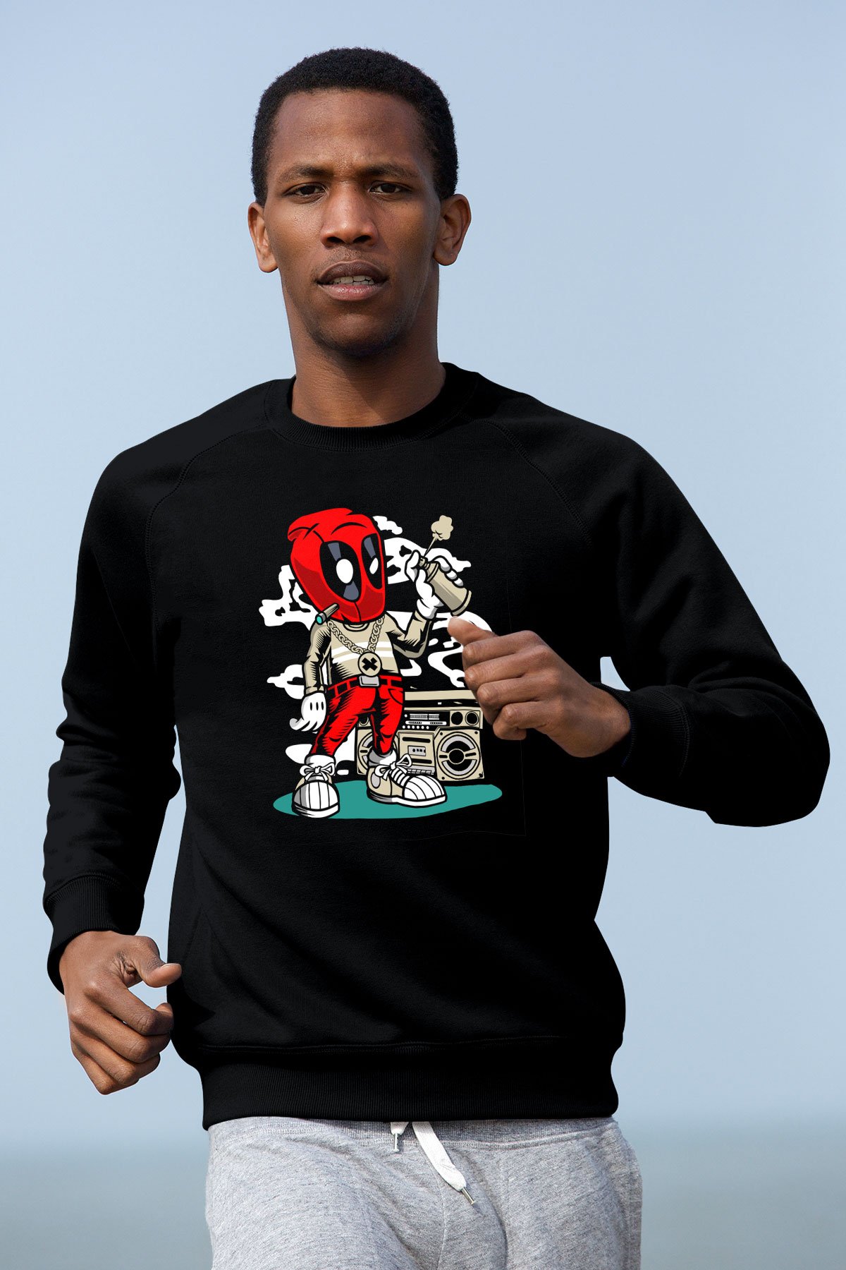 Deadpool Boombox Baskılı Unisex Siyah Sweatshirt