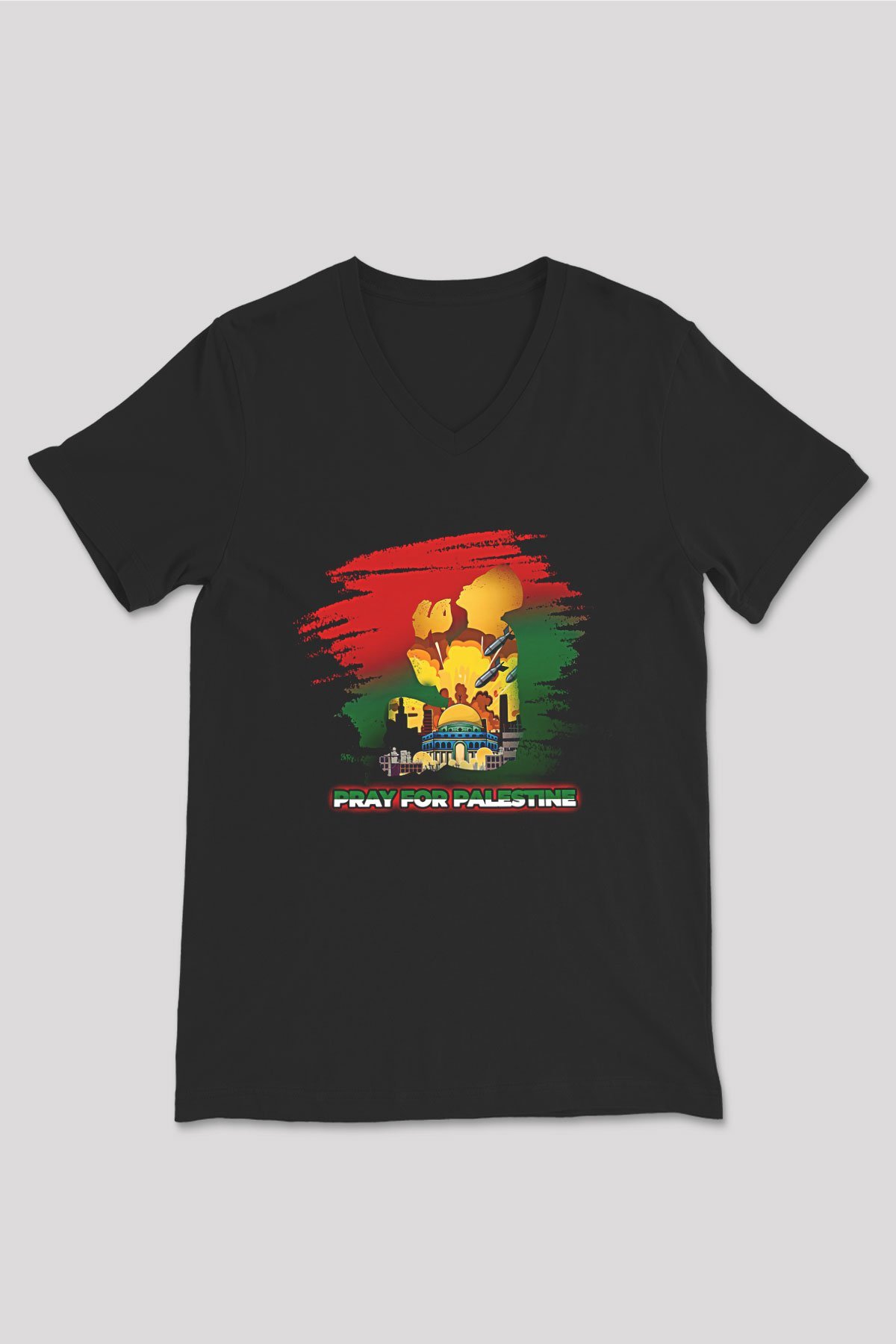 Filistin Baskılı Unisex Siyah V Yaka Tişört - Tshirt