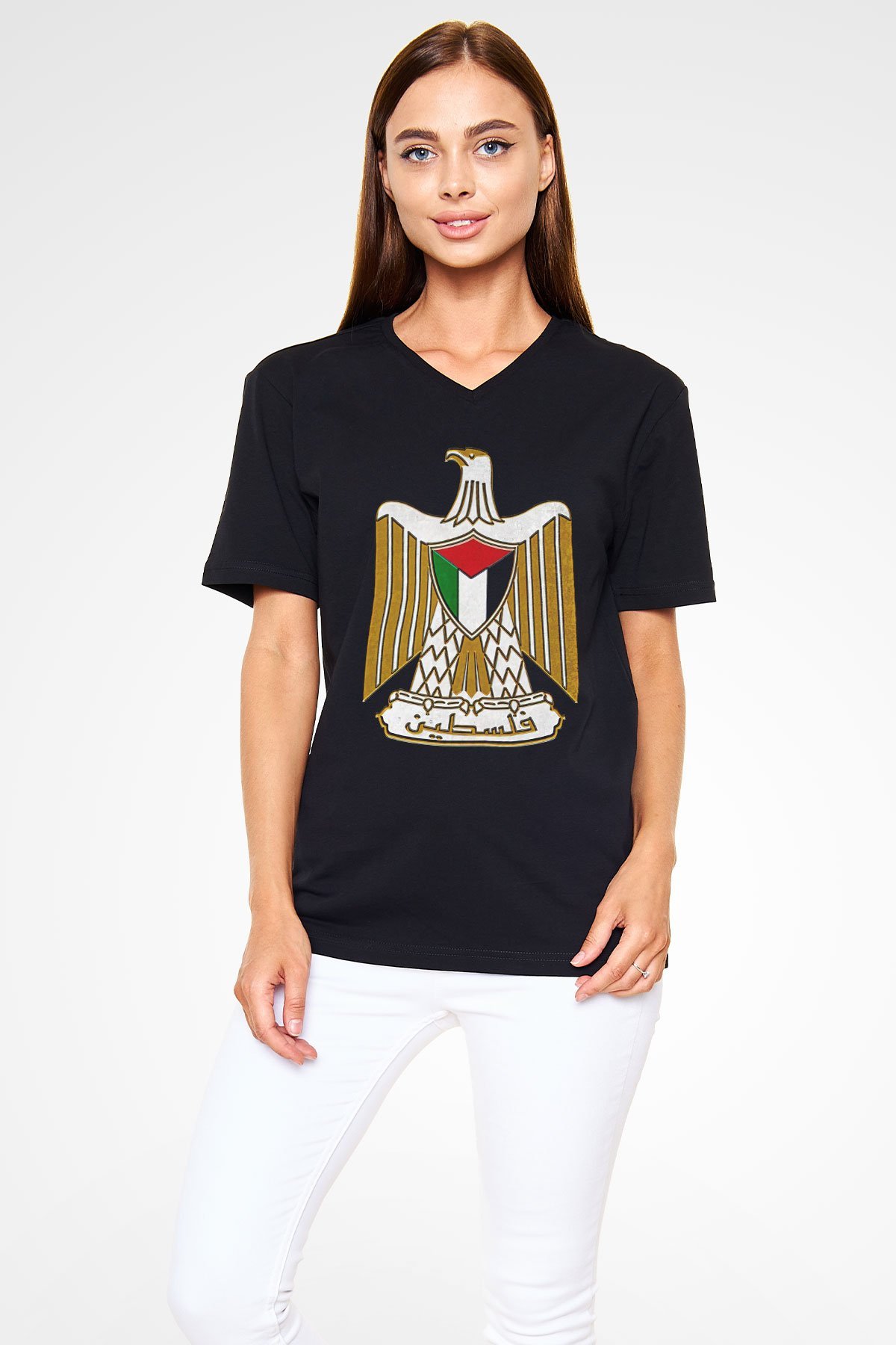 Filistin Baskılı Unisex Siyah V Yaka Tişört - Tshirt