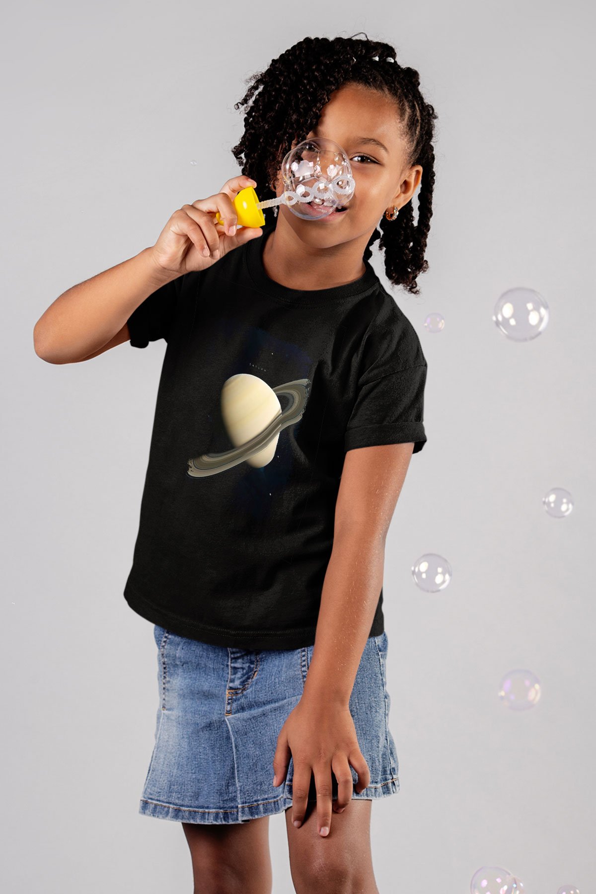 Gezegen Satürn Baskılı Unisex Siyah Çocuk T-Shirt
