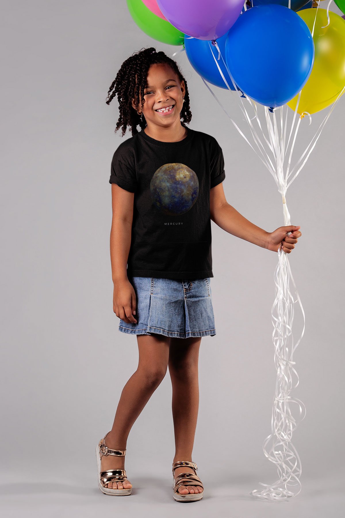 Merkür Gezegen Baskılı Unisex Siyah Çocuk T-Shirt