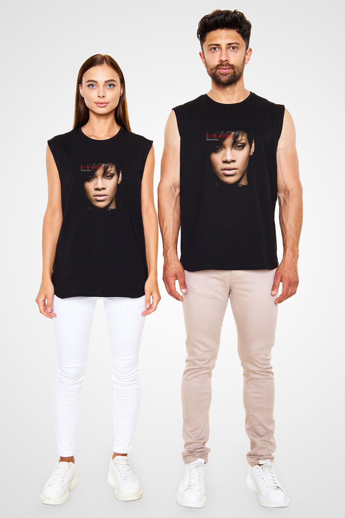 Rihanna Baskılı Unisex Siyah Kolsuz Tişört