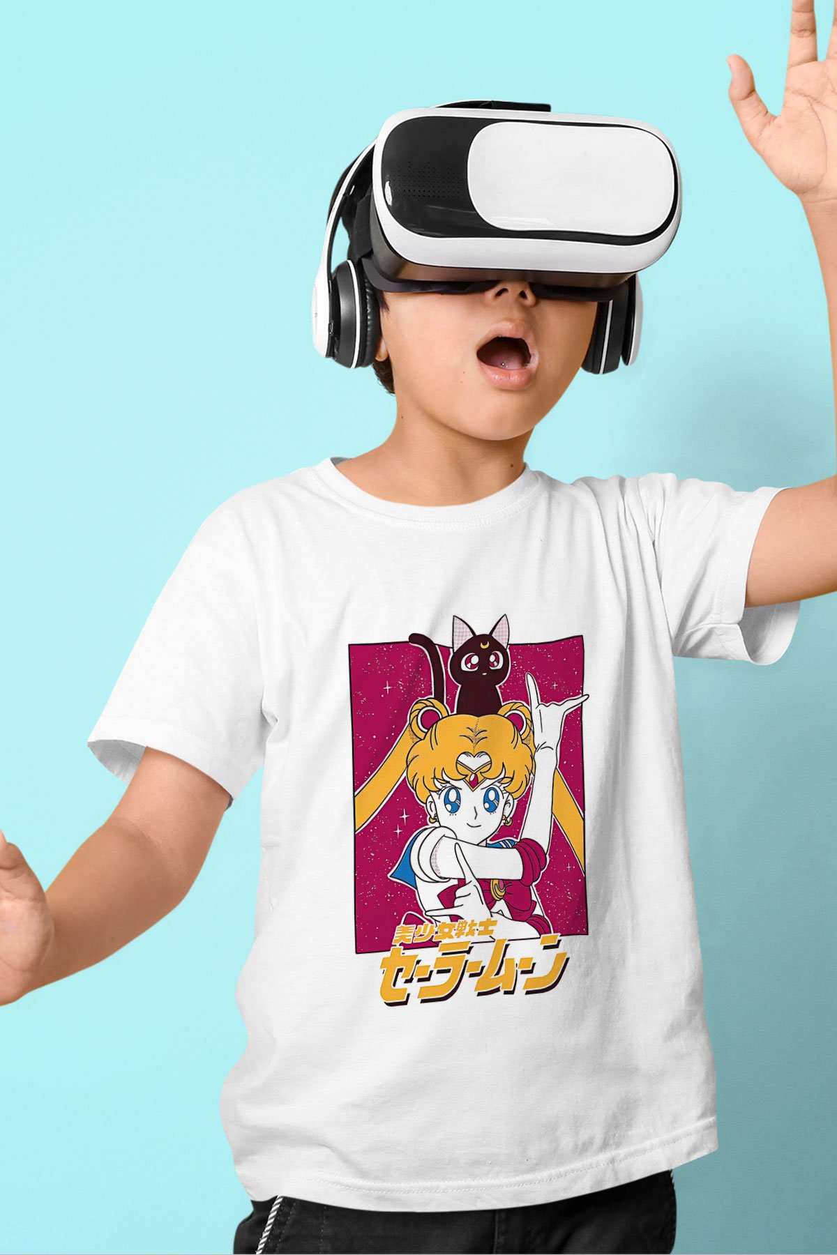 Sailor Moon Bask l Unisex Beyaz Cocuk Ti ortleri