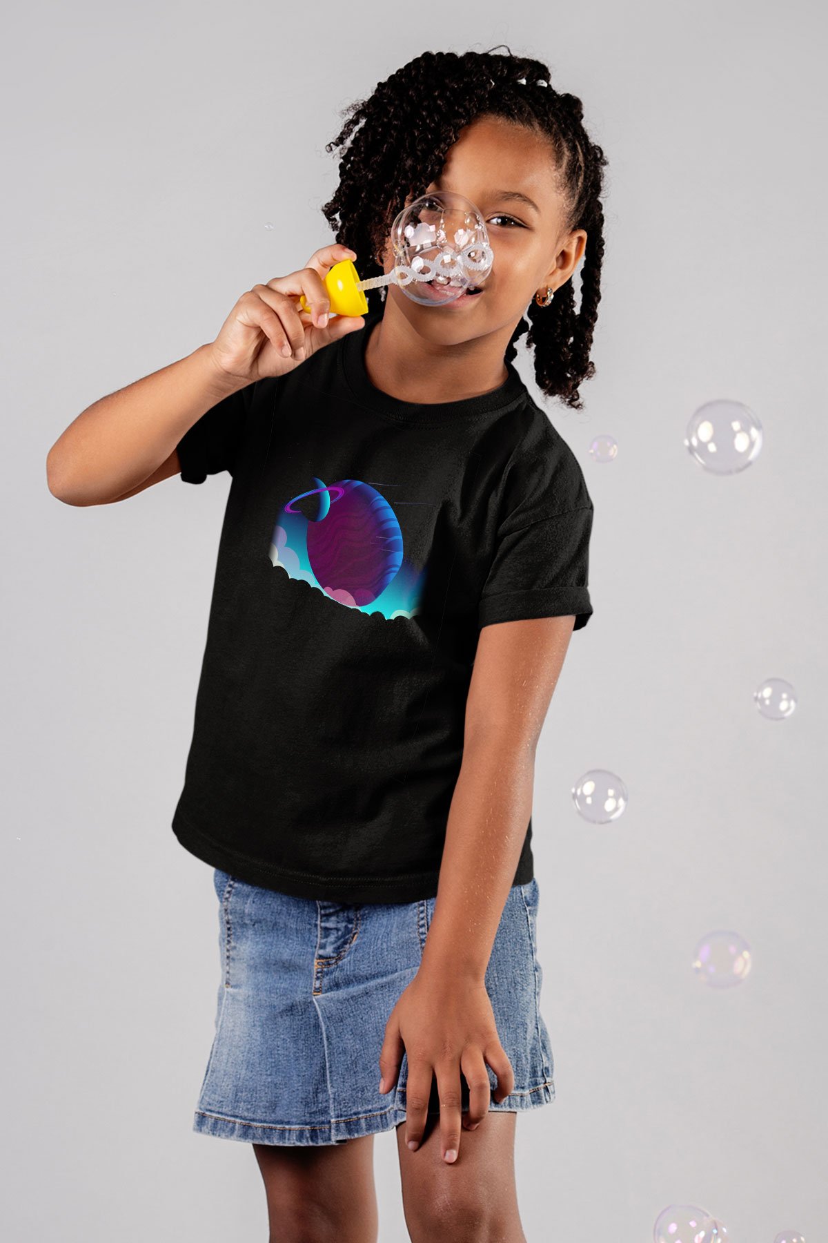 Satürn Baskılı Siyah Unisex Çocuk Tişört