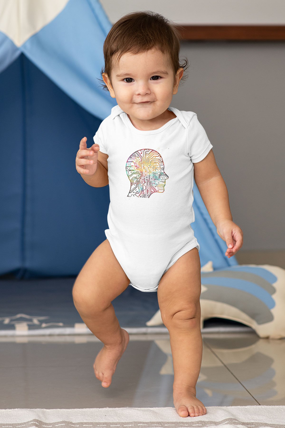 Yapay Zeka Renkli Baskılı Unisex Beyaz Bebek Body