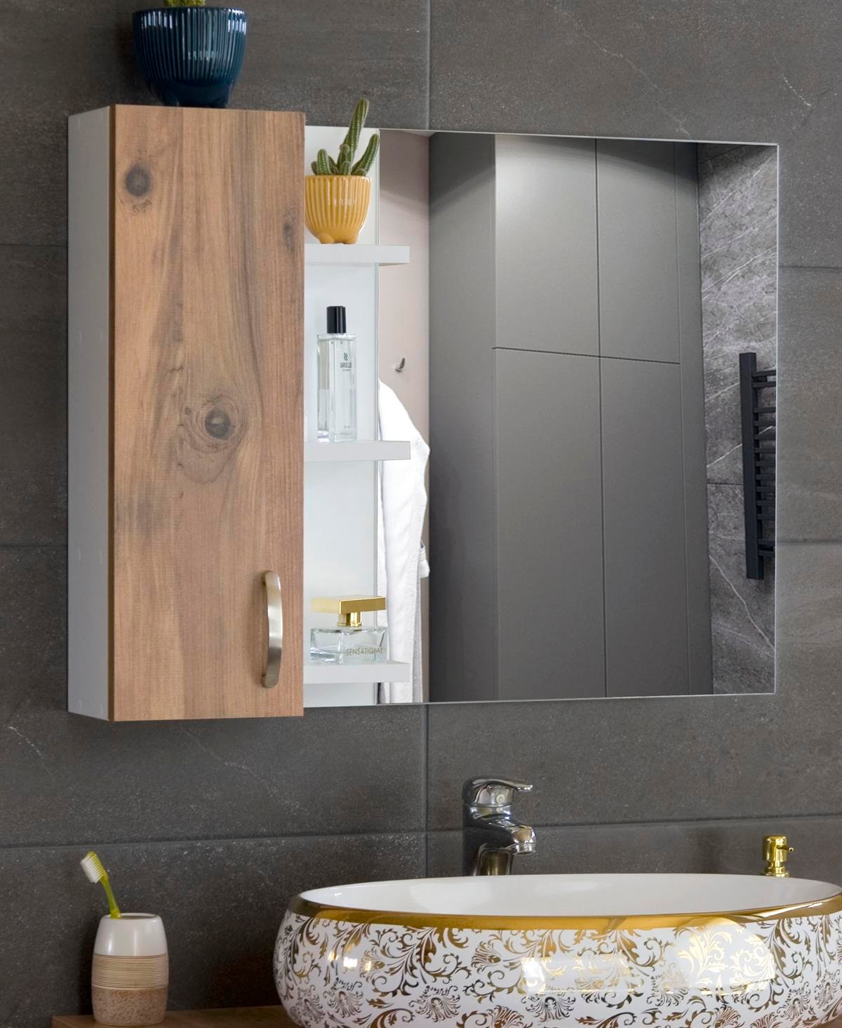 Nurcelant Banyo Dolabı Aynalı Raflı 80 cm Üst Modül Beyaz / Kayın