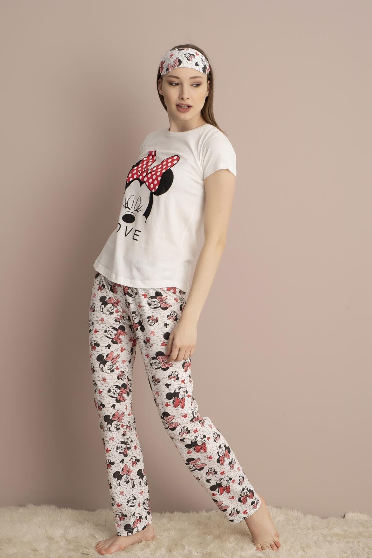 Kadın Ekru Kısa Kol 2. Mickey Mouse Baskılı Pijama Takımı