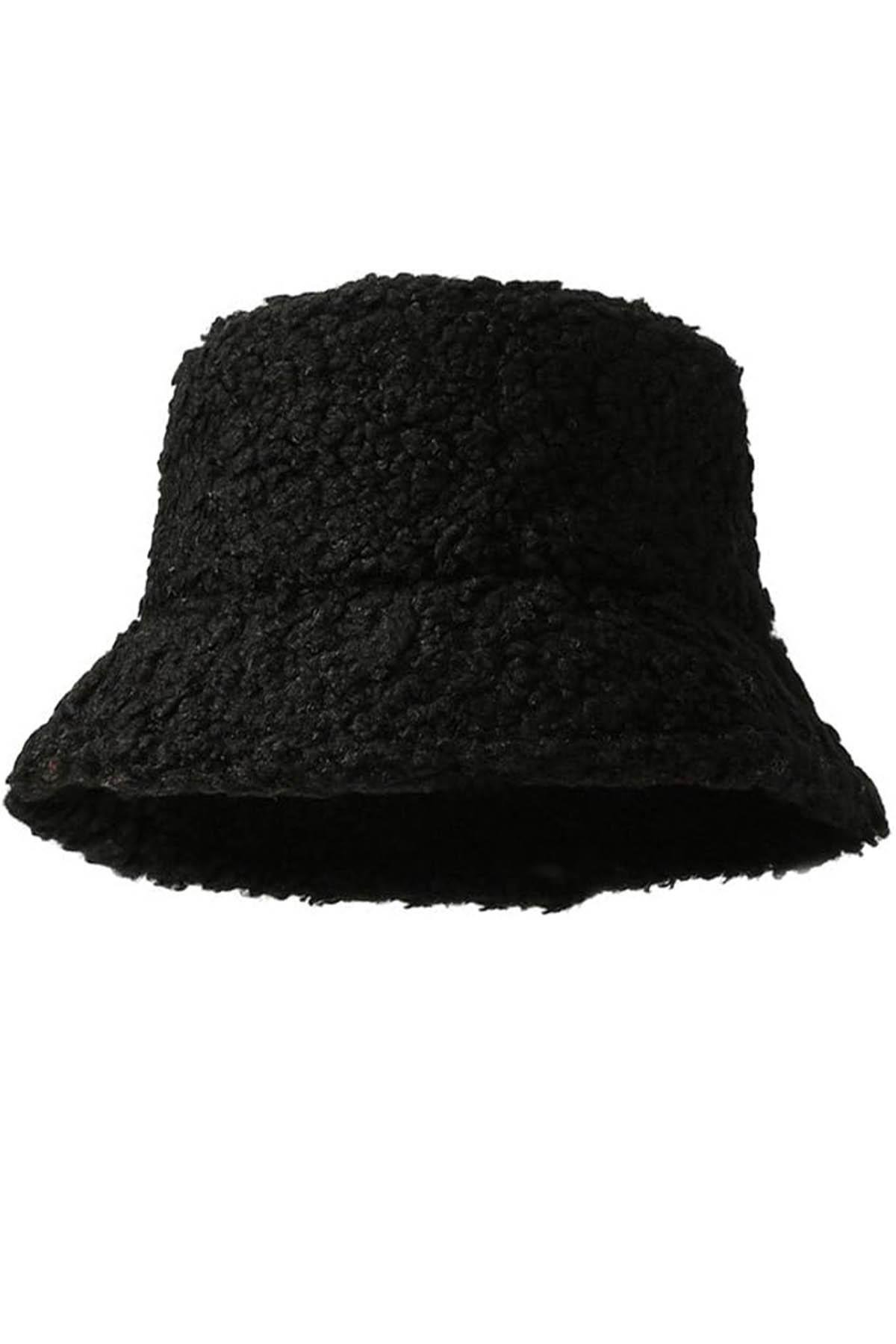 Kadın Siyah Peluş Kova Şapka