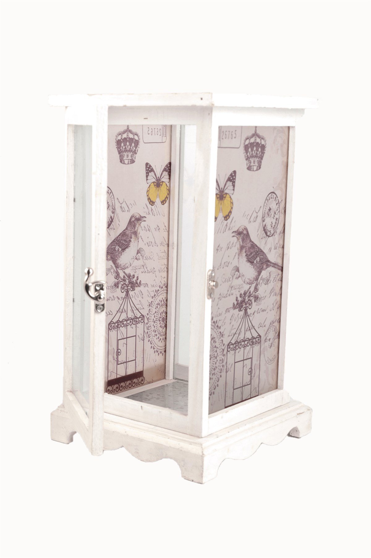 36 cm Beyaz Fener Kuş Desenli Ahşap Mumluk 