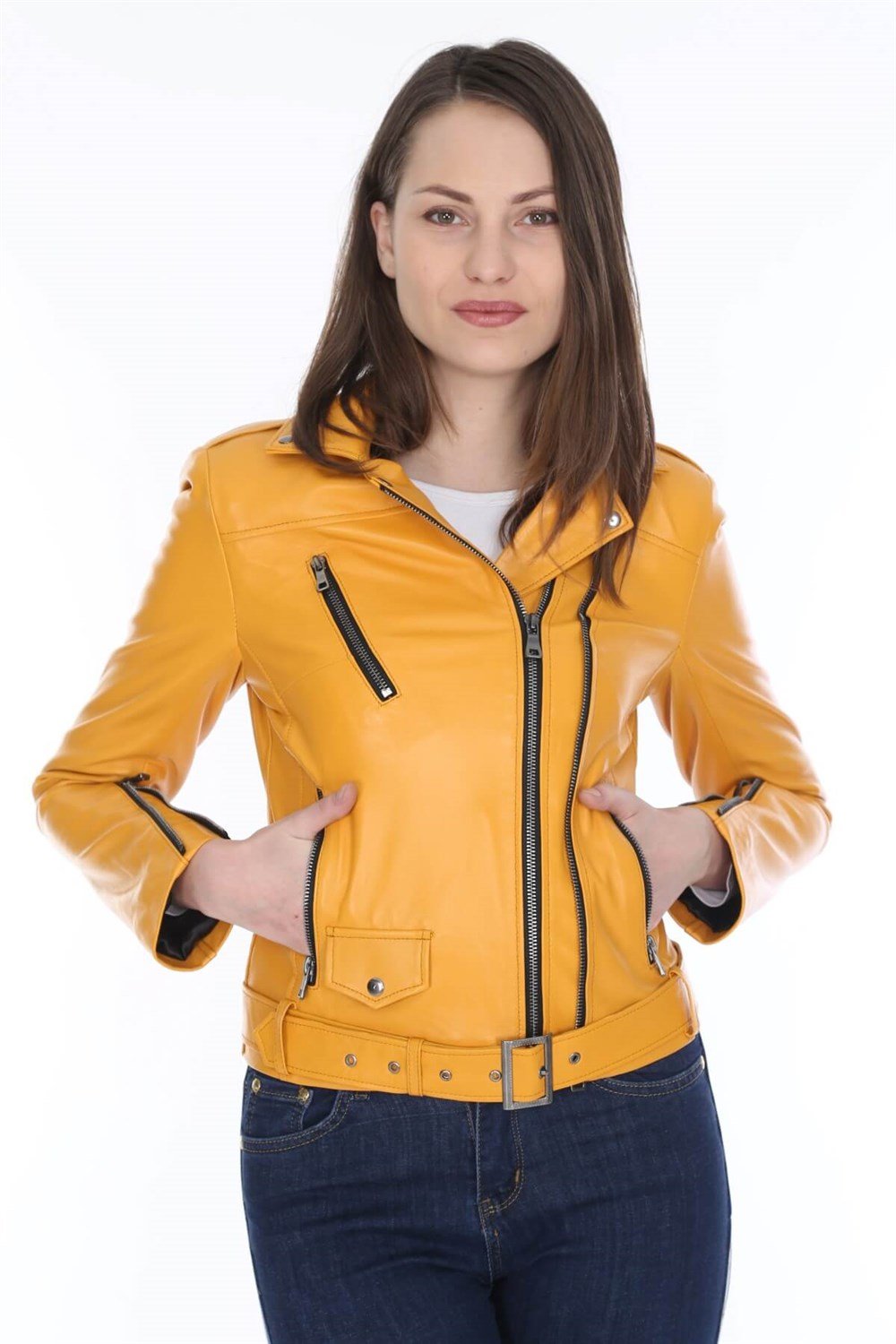 Kadın Deri Mont Sarı Camos | Deri Ceket Modelleri - Dericeket.com.tr