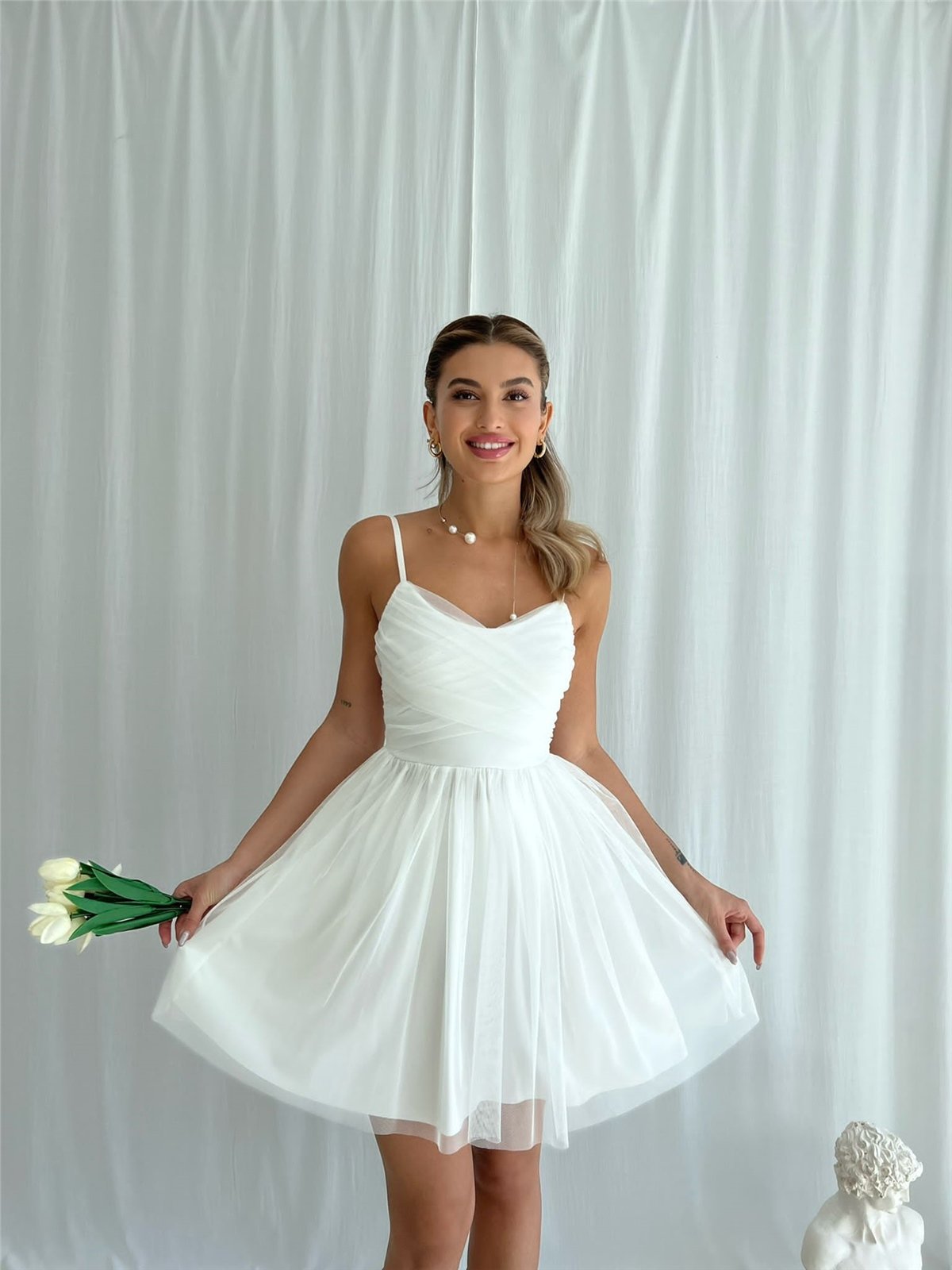 İnce Askılı Kabarık Etekli Lowa Elbise - Beyaz | marisammoda.com