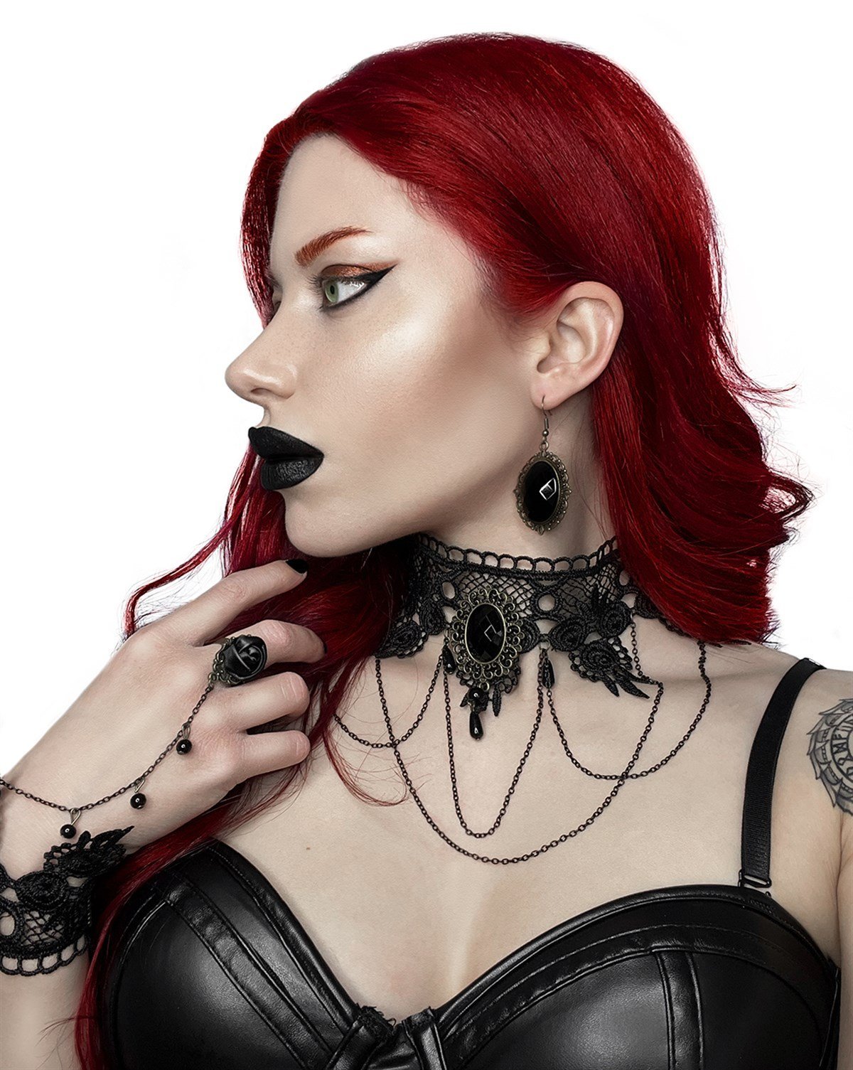 GOTHIC Choker Necklace Ring Hand Bracelet Earrings Jewelry Set
