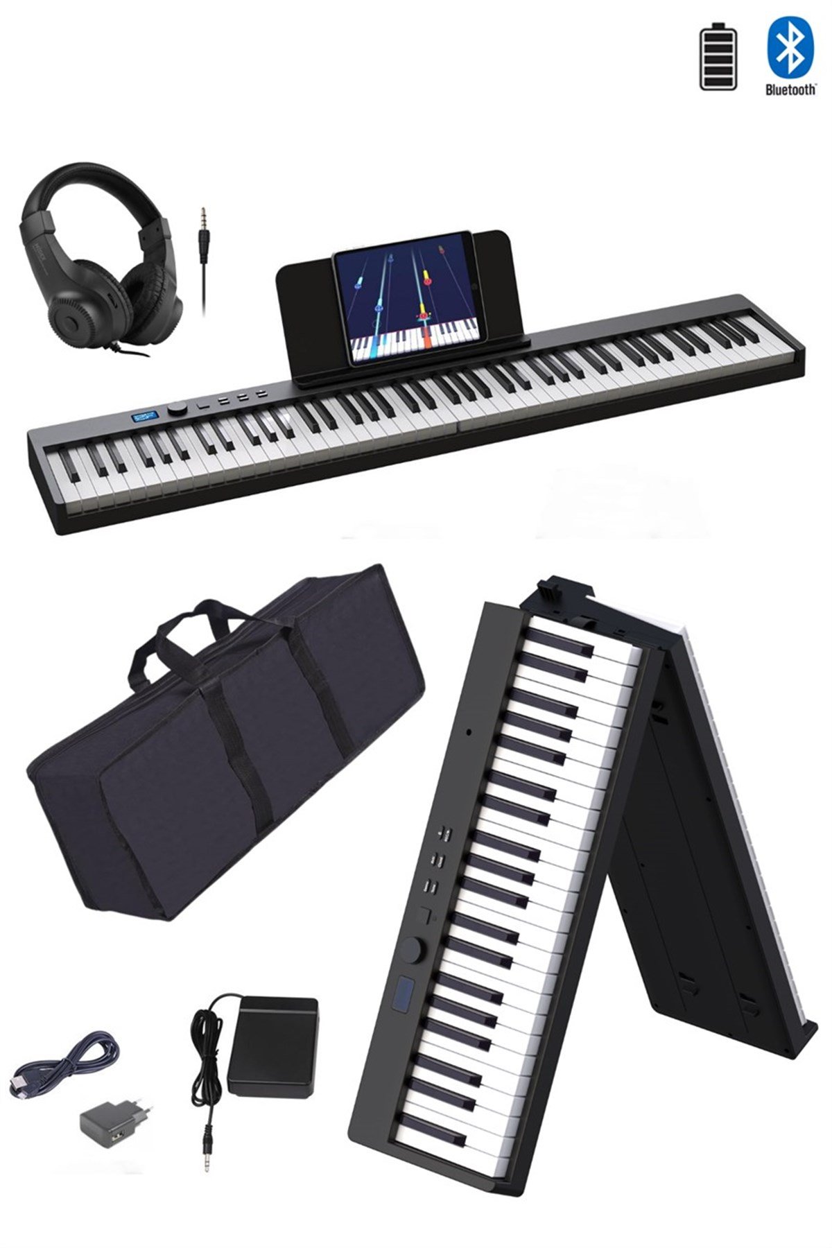 Midex PLX-100BK Taşınabilir Dijital Piyano Tuş Hassasiyetli 88 Tuş  Bluetooth Şarjlı (Sustain Pedalı Kulaklık Çanta)