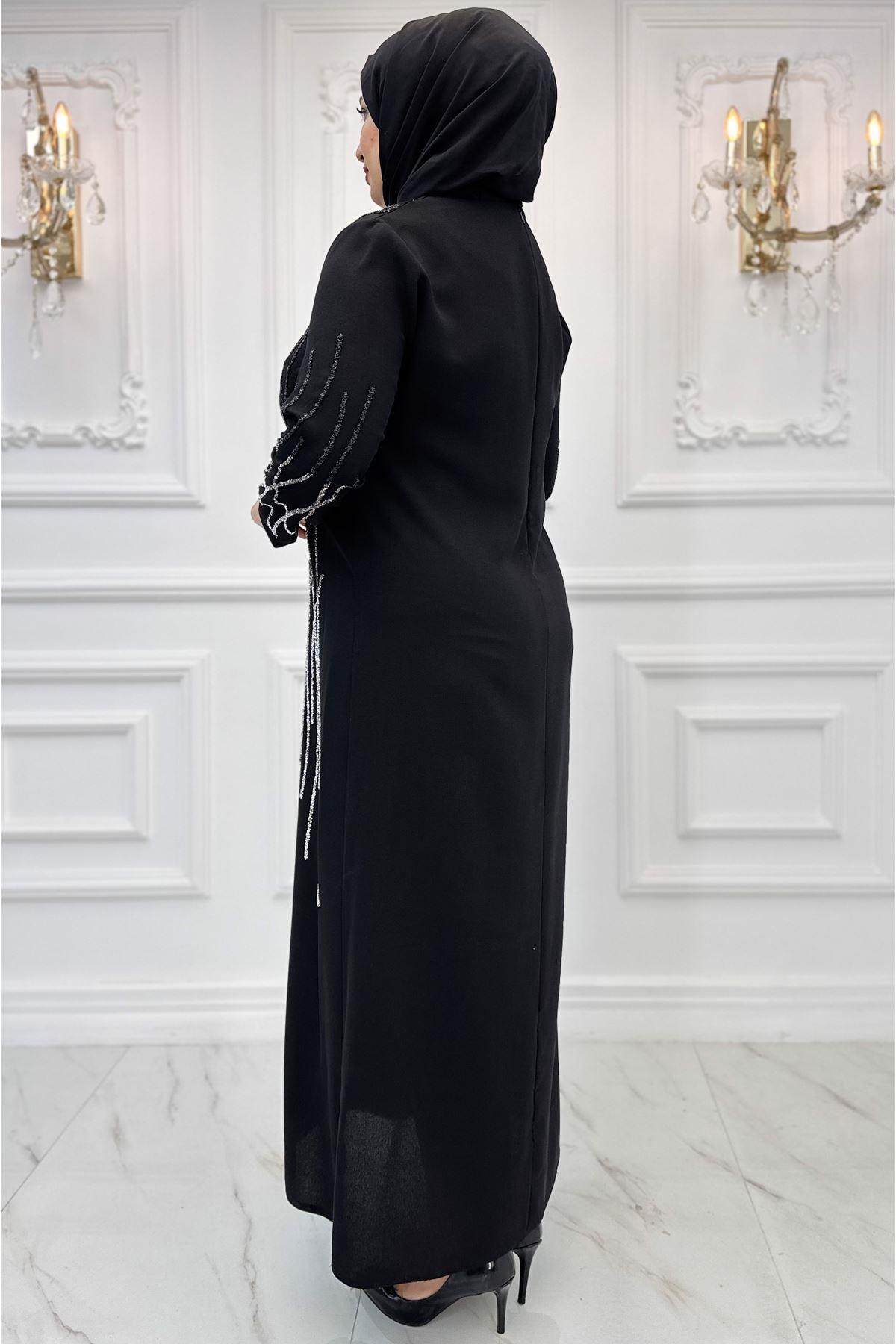 Stone Print Detailed Evening Dress Black AMH960