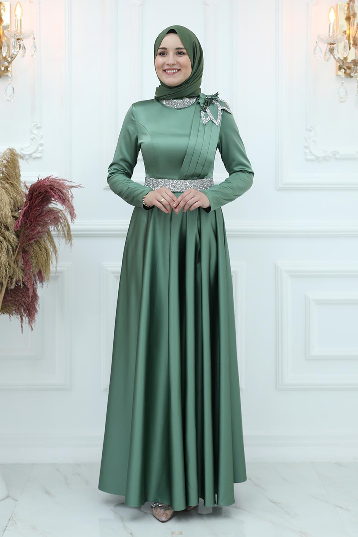 Robe de Soiree en Satin Cagla Vert AMH902