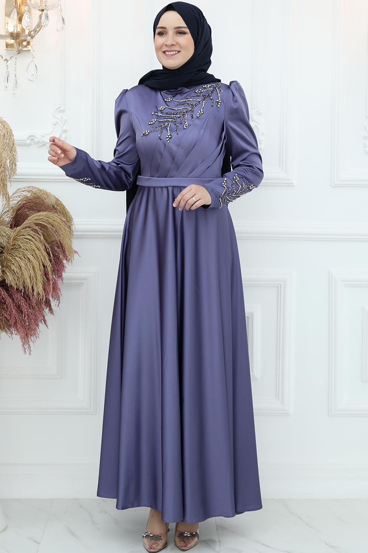 Evening Dress with Sequin Processing Detail Indigo Blue AMH912
