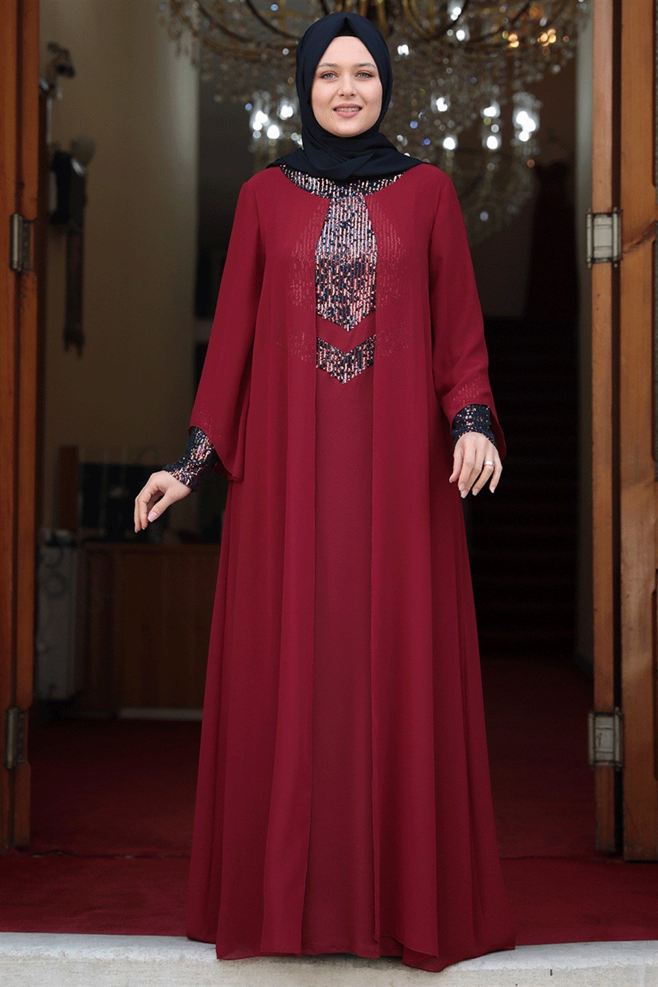 Evening Dress - Lycra - Unlined - Crew Neck - Claret Red - AMH505 | Modavina