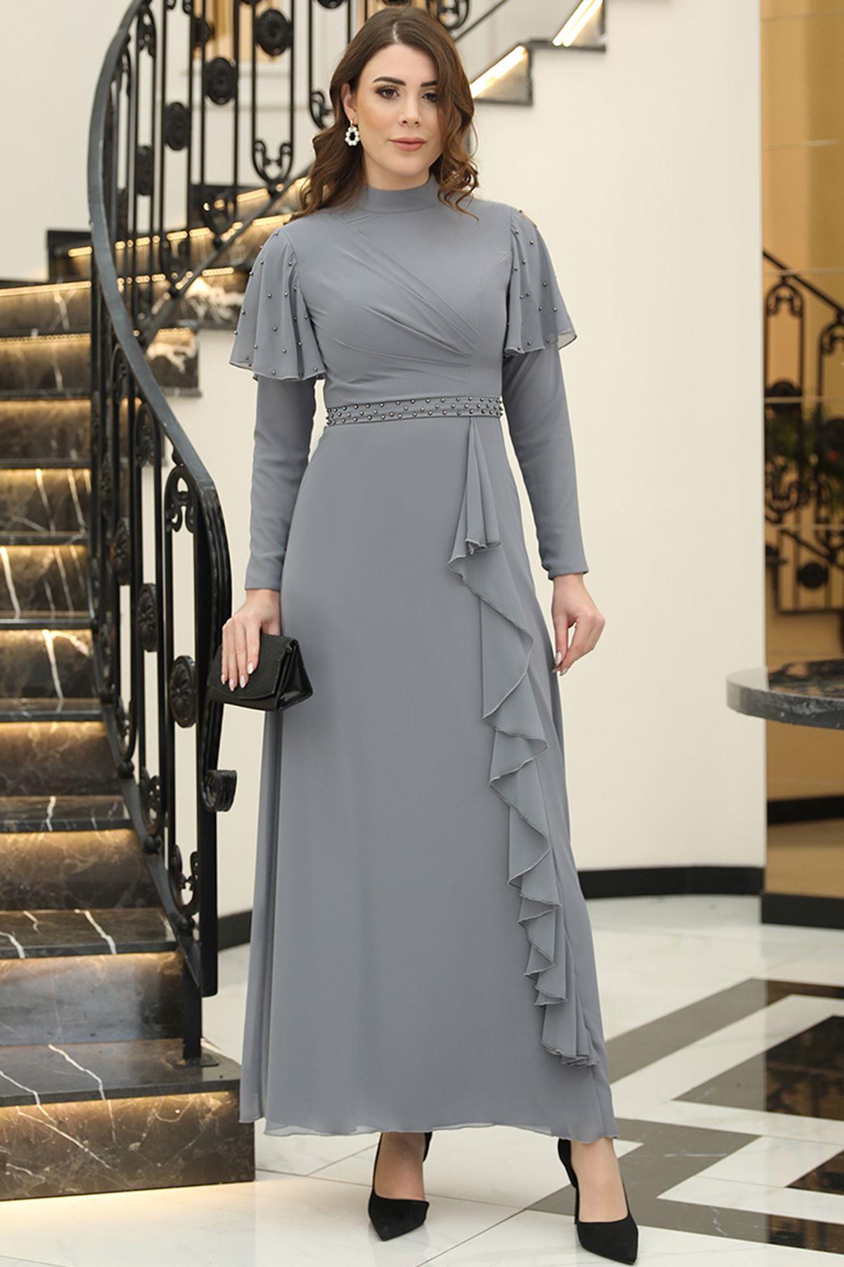 Robe De Soiree Detaillee de Perles Gris ELB46