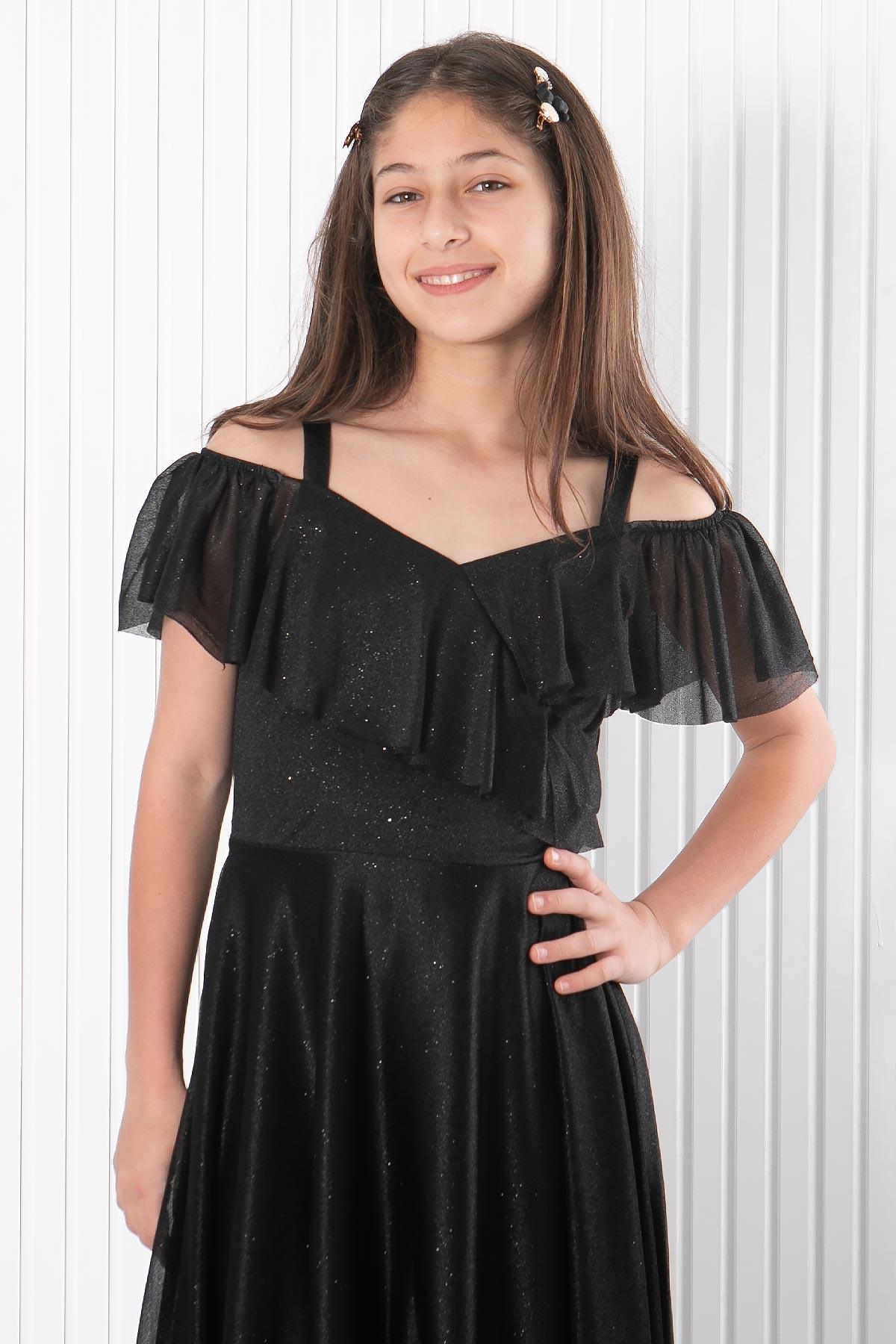 Robe De Soiree Argentee A Bretelles Noir MDV938