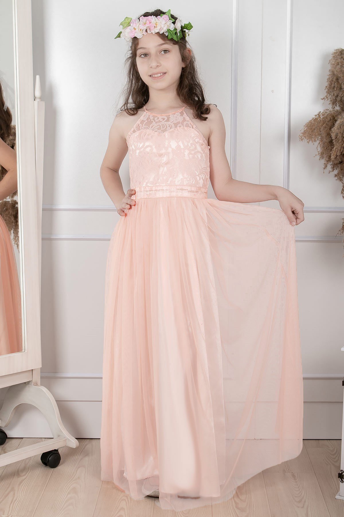 Robe de Soir e Enfant Tulle D tail Dentelle Saumon MDV302 Modavina