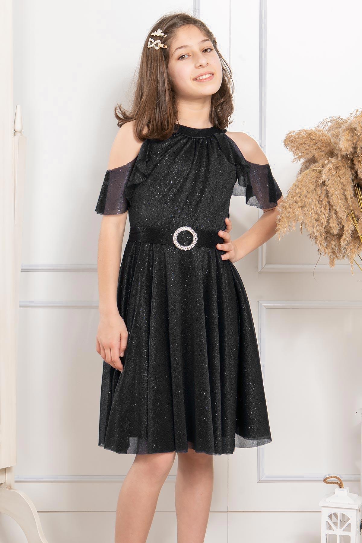 Robe de Soiree pour Enfants en Tulle Argente Noir MDV310