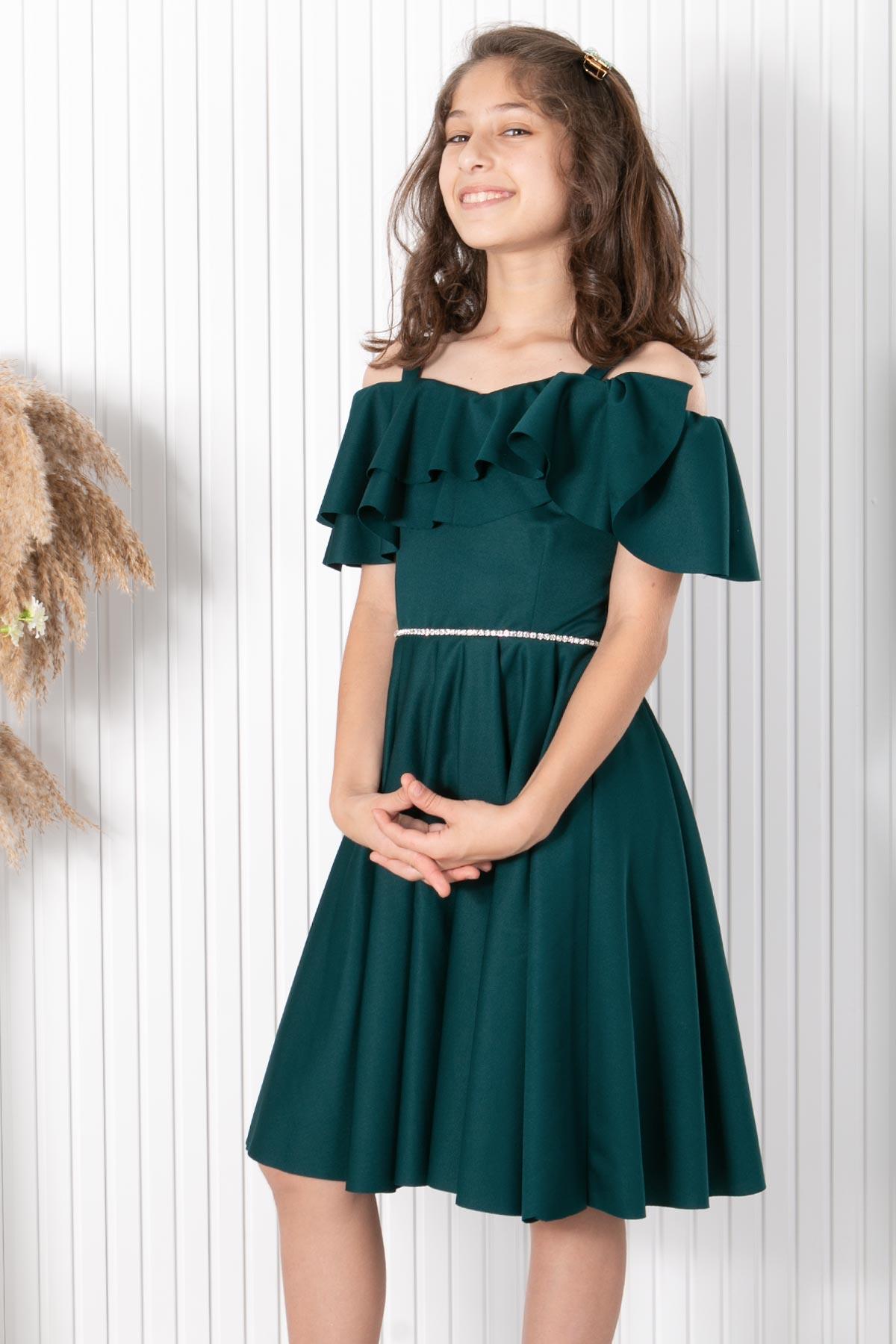 9 14 Ans Robe de Soiree Detaillee a Manches Emeraude MDV326