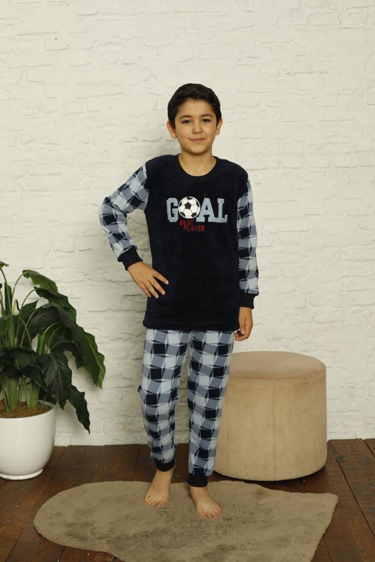 Erkek Çocuk 1028 Goal Desenli Polar Pijama Takımı LACİVERT