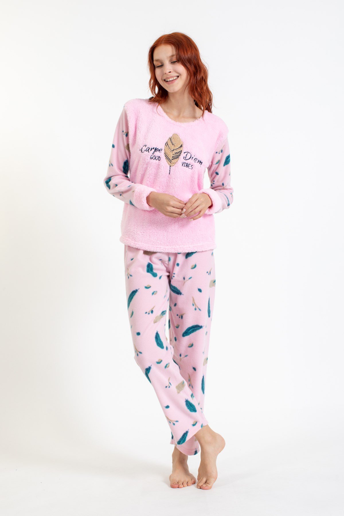 Kadın 4123 Tüy Desenli Polar Pijama Takımı PEMBE