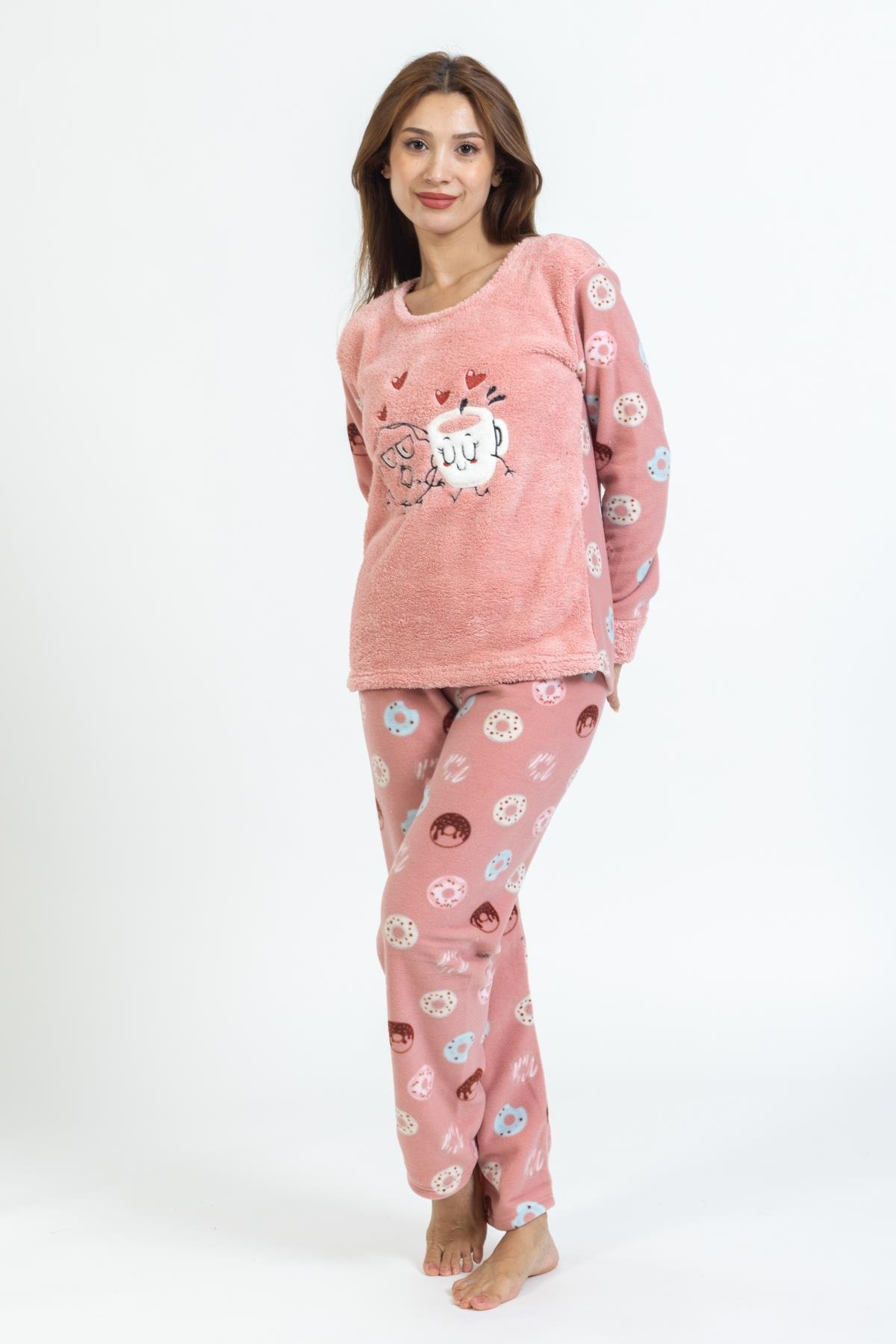 Kadın Donet Desenli Polar Pijama Takımı PEMBE