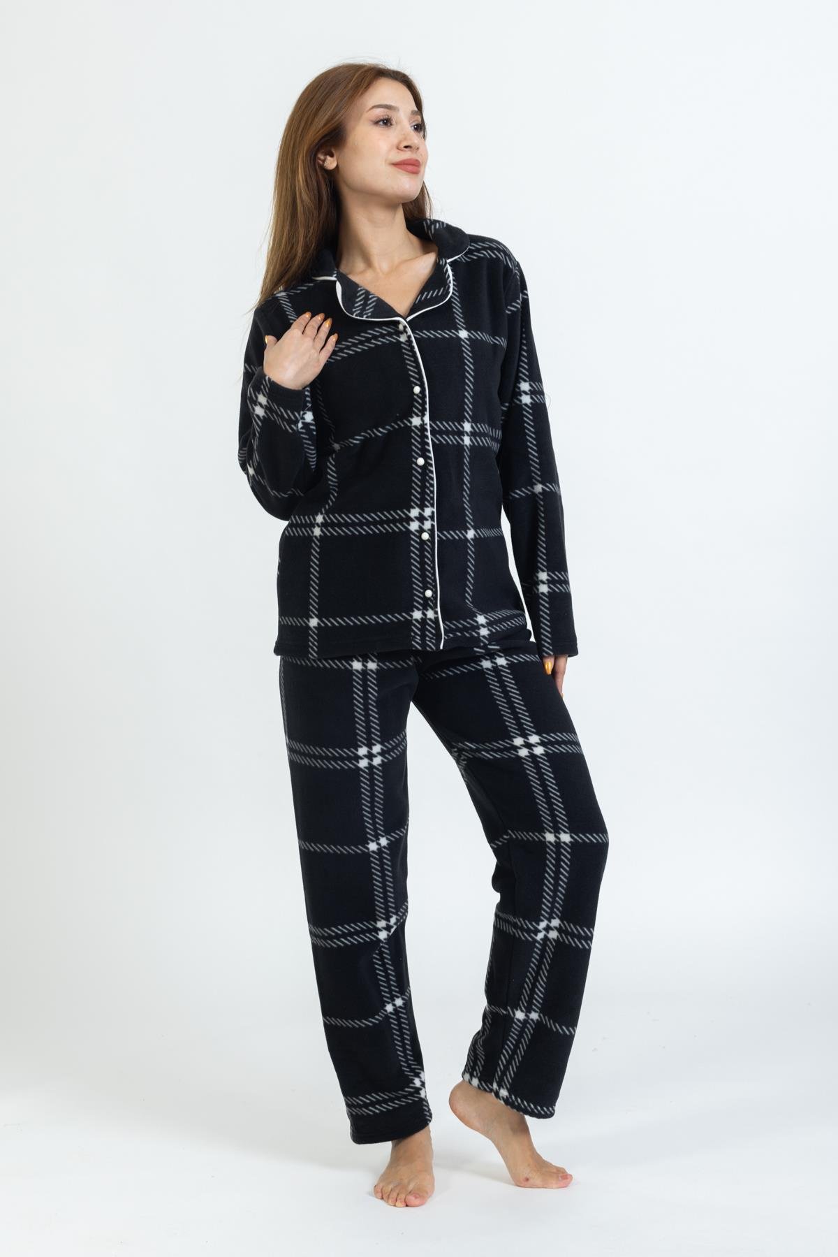 Kadın Önü Düğmeli Gömlek Yaka Polar Pijama Takımı GRİ-SİYAH