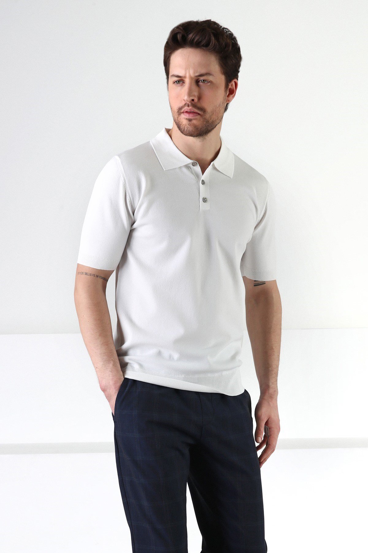 Ferraro Beyaz Düğmeli Polo Yaka Viskon Erkek Triko T-Shirt | Erkek Giyim |  ModaFerraro