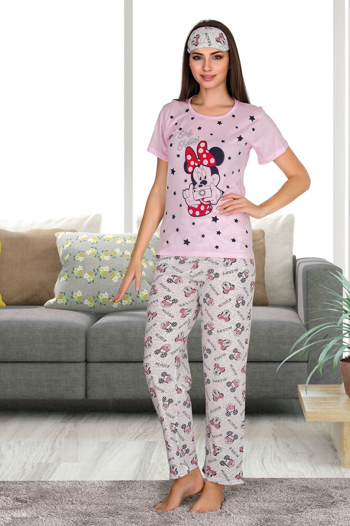 Kısa Kol Mickey Mouse Baskılı Kadın Pembe Pijama Takımı - Marcoroni