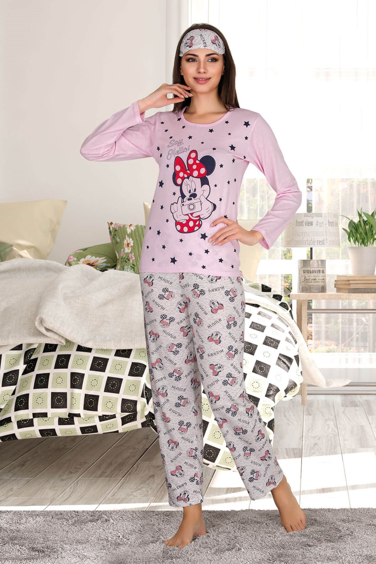 Uzun Kol Mickey Mouse Baskılı Kadın Pembe Pijama Takımı - Marcoroni