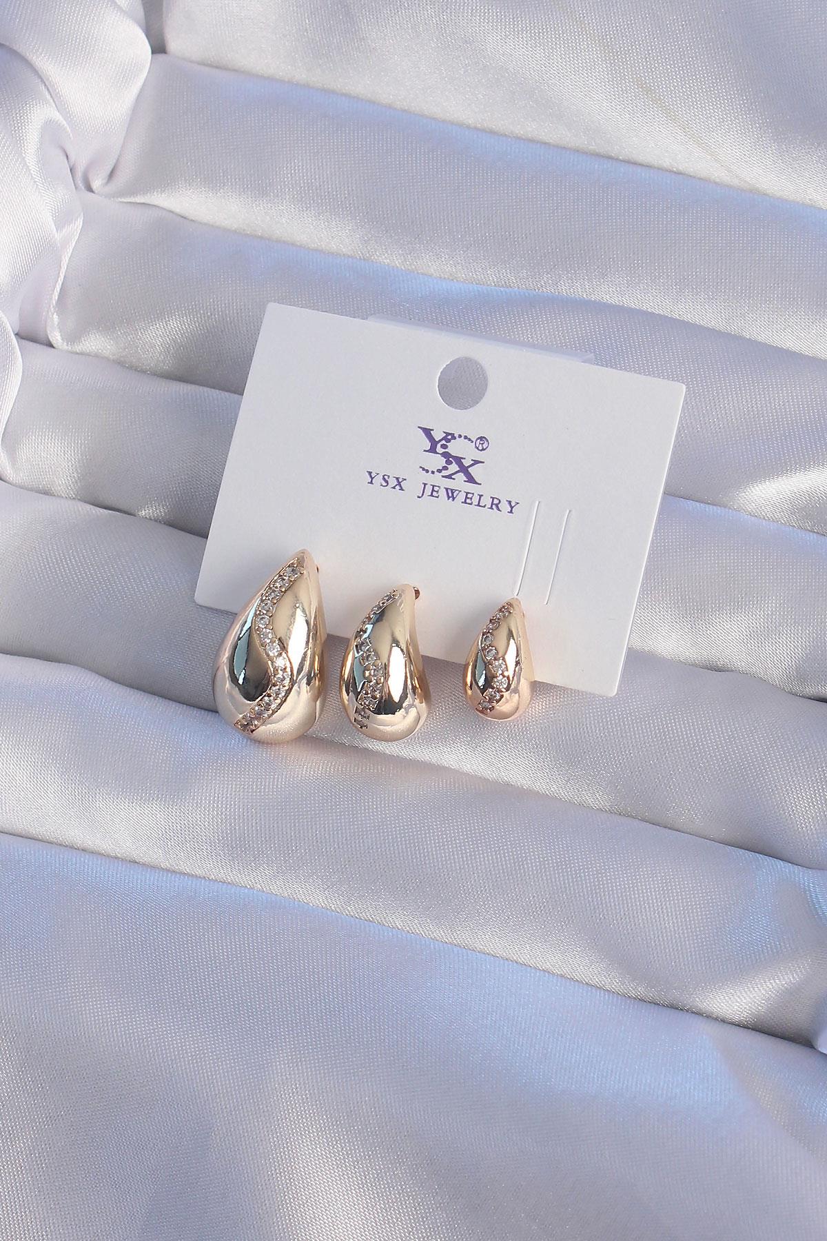 Pirinç YSX Gold Renk Zirkon Taşlı Su Damlası Küpe Seti Marcoroni