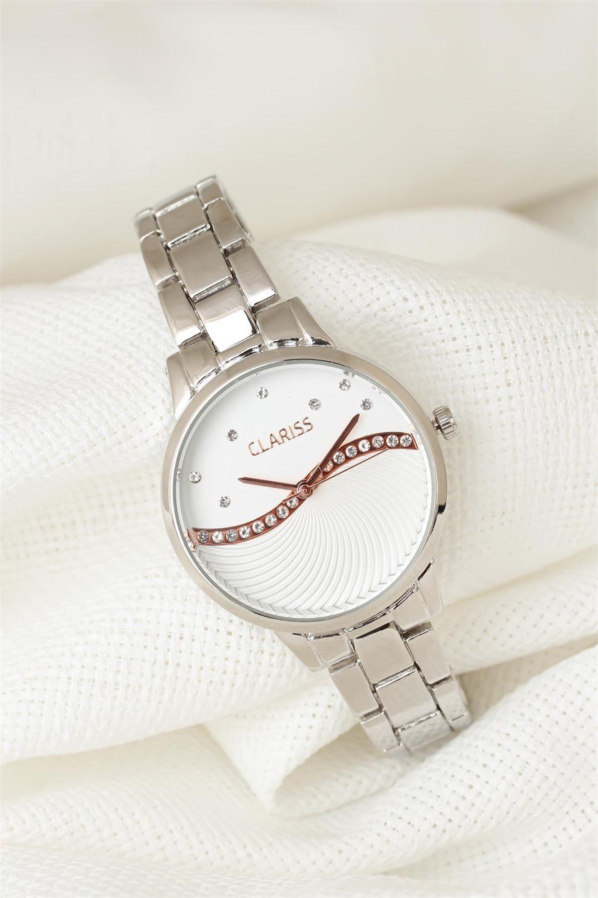 Silver Renk Metal Kordonlu Beyaz Renk Zirkon Taşlı İç Tasarımlı Clariss  Marka Bayan Kol Saati - Marcoroni