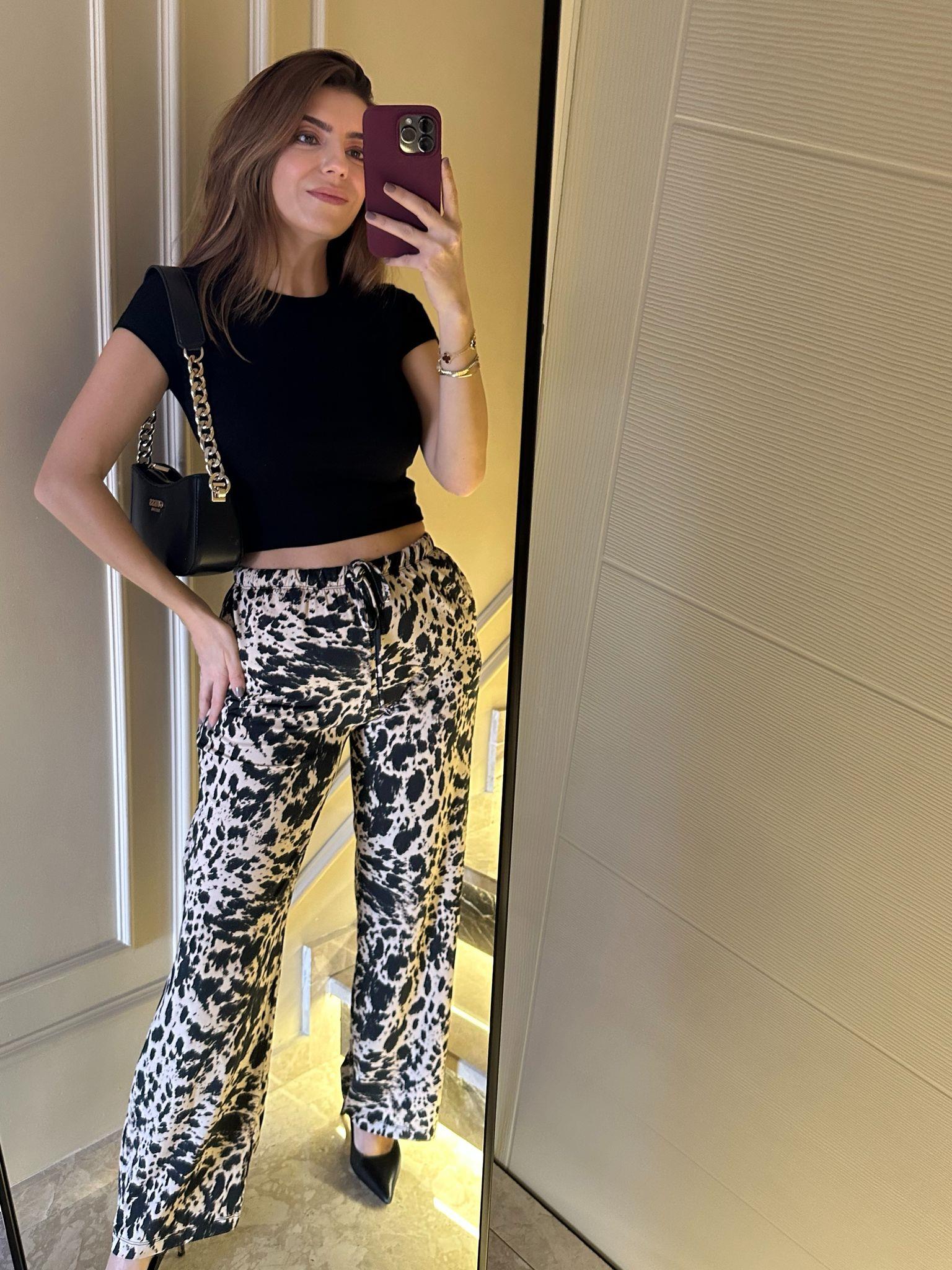 Beli Lastikli PantolonCow Desen Likralı Bol Paça Pantolon