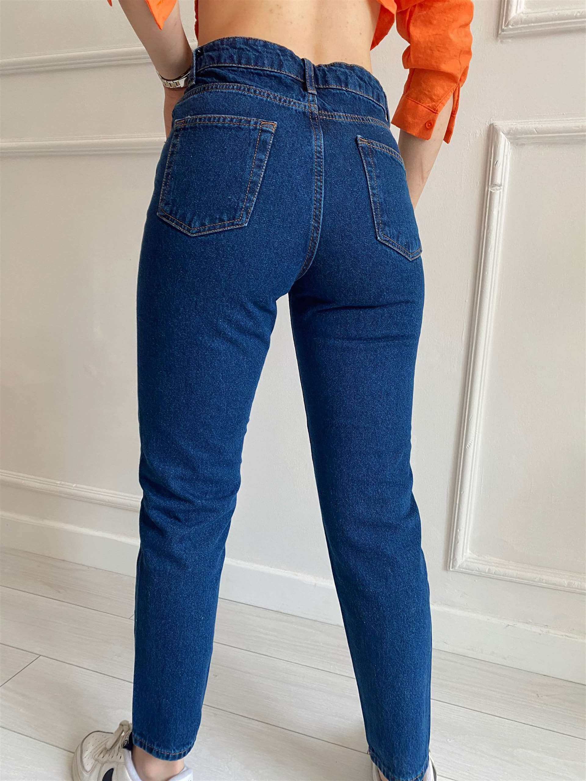 Lacivert Mom Jean Chamakh Butik Kad n Giyim Online Al veri Sitesi