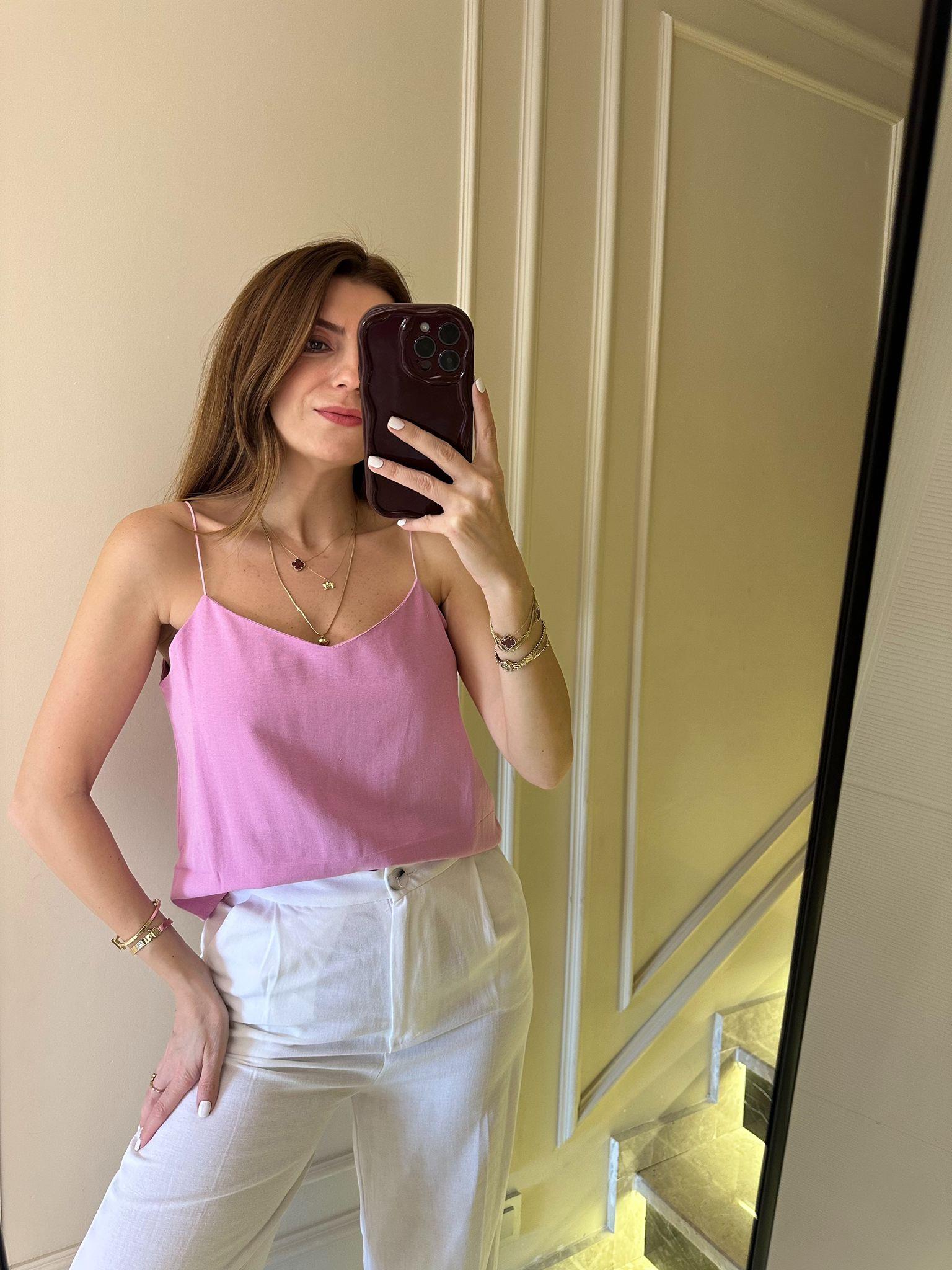 Askılı BluzPembe Keten Askılı Bluz
