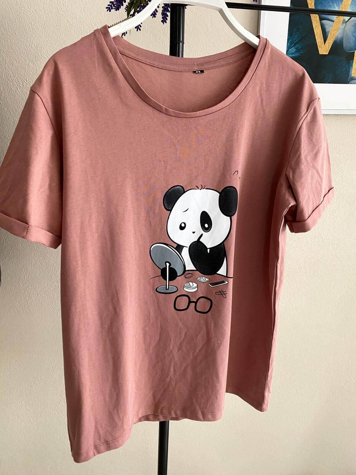 Süslü panda salaş tişört pudra - Chamakh Butik