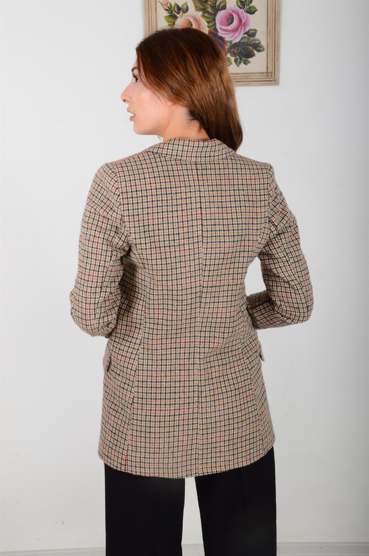 Kadın Karamel Blazer Küçük Kareli Ceket 1104 - Megapol Giyim