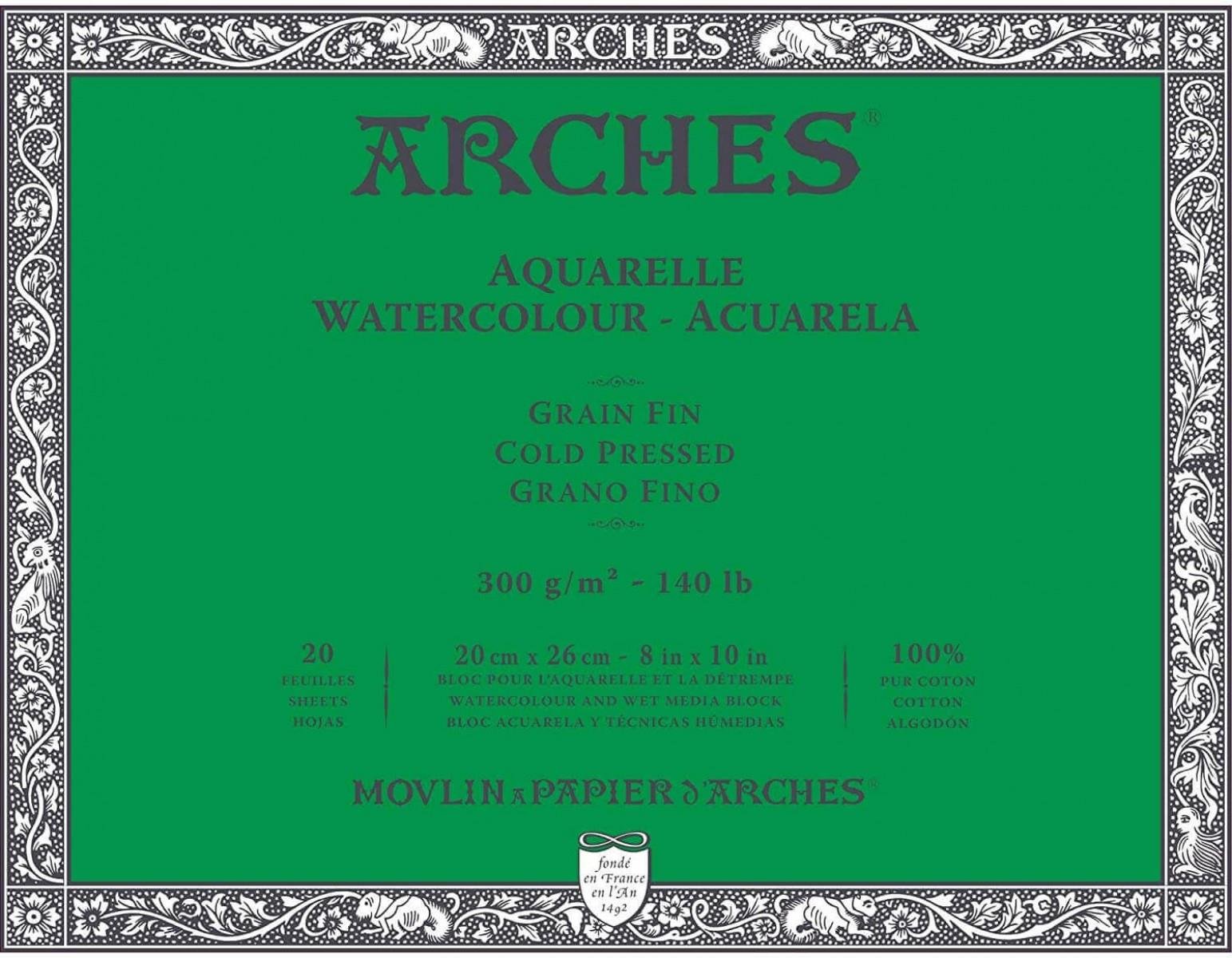Bloc papier aquarelle coton Arches 31x41 cm 300g grain fin