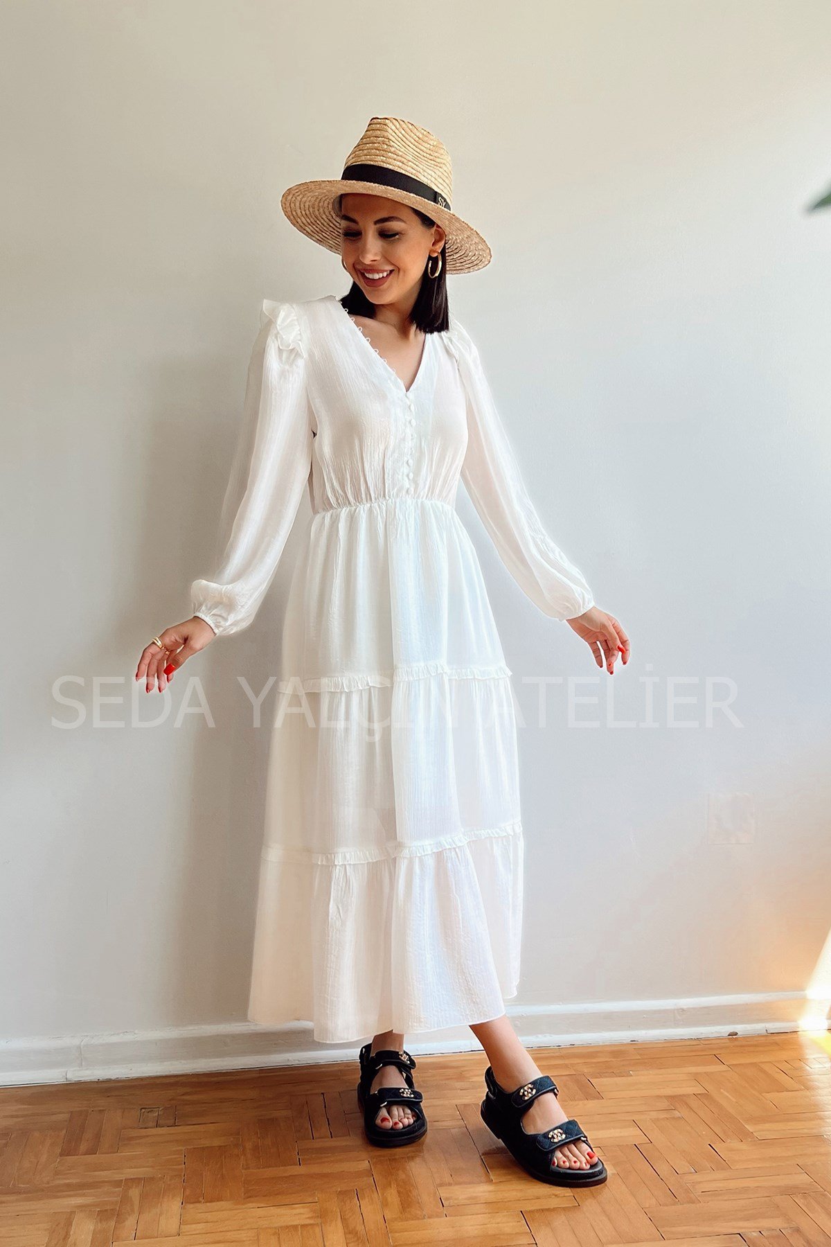 Krınkıl Beyaz Büzgülü Midi Kadın Elbise