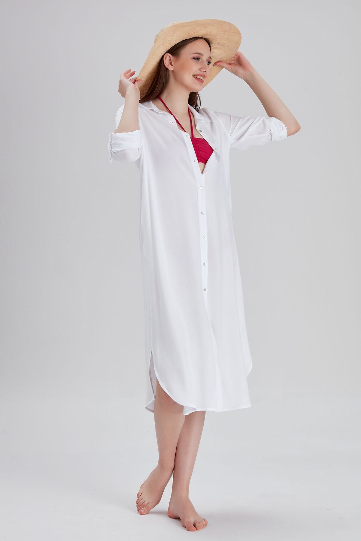 Gömlek Formlu Beyaz Plaj Elbisesi - Trend42Plus