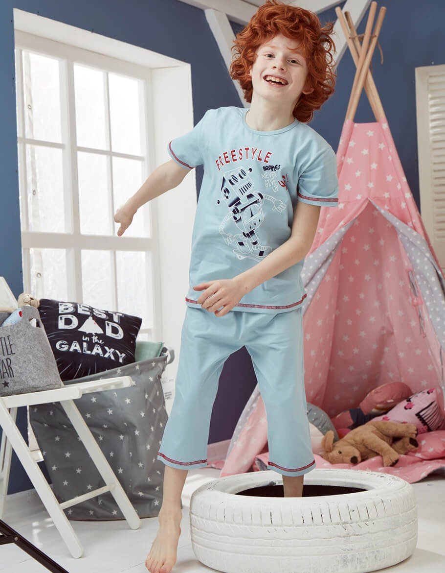 Donella Robot Baskılı Kısa Kollu Erkek Çocuk Pijama Takımı - 11517