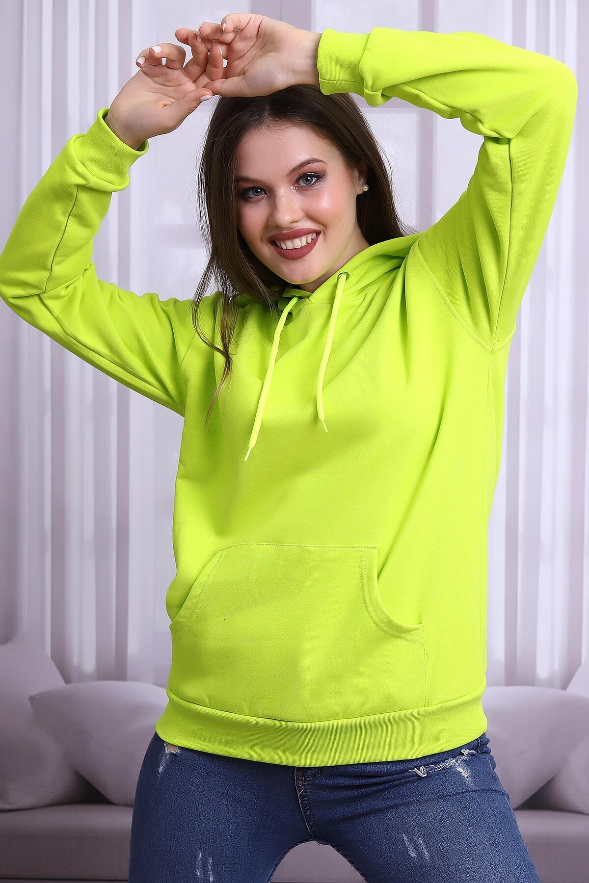 Neon Yeşil Kapüşonlu Kadın Sweatshirt